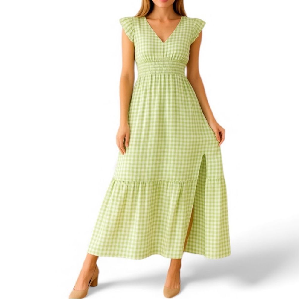 Taylor Gingham Midi Dress Pockets Ruffle Sleeve Green Size 8